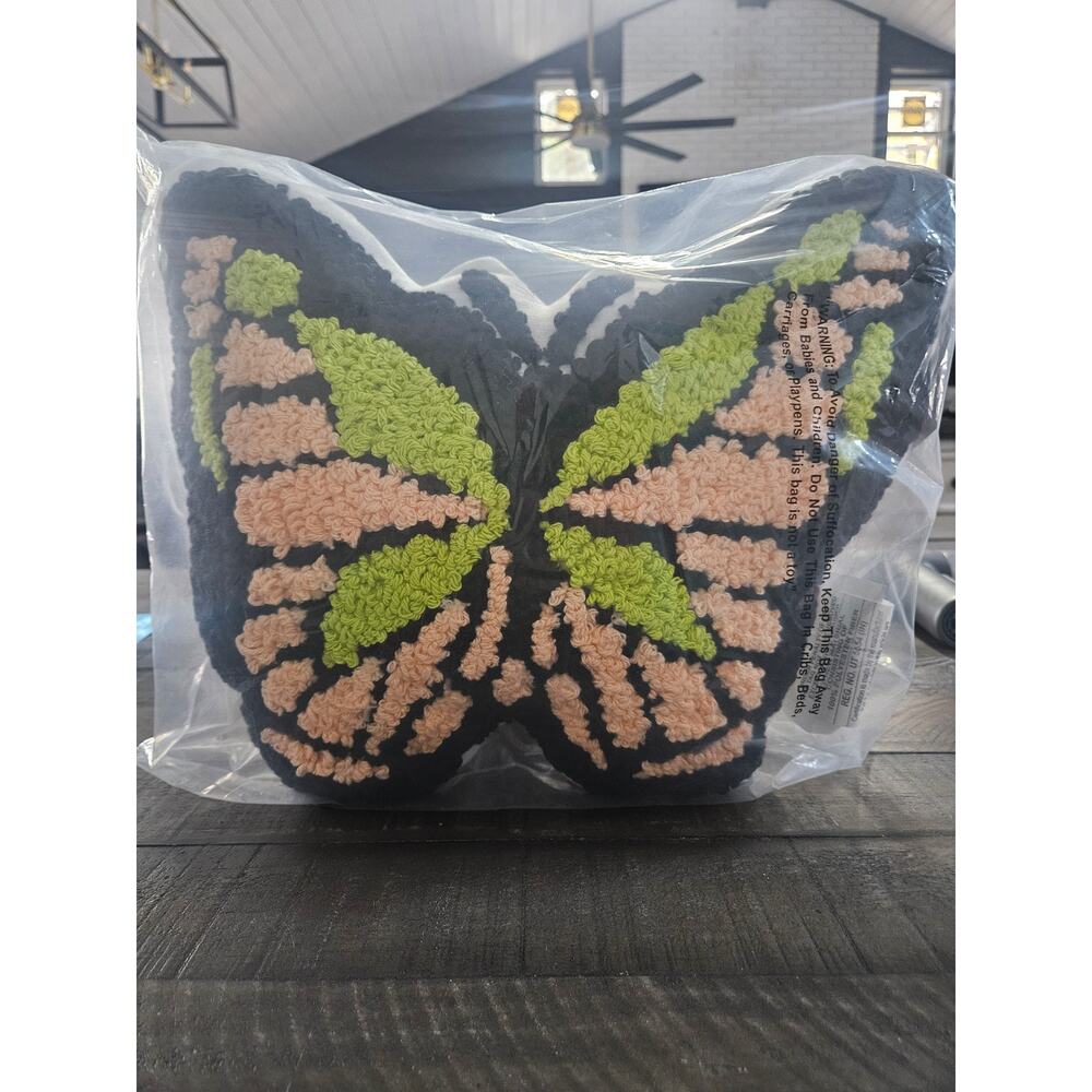 Teen Home Large Butterfly Accent Pillow NEW NIP Green Pink Black 18 x 17 inches